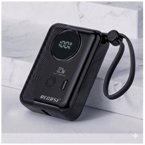 RECRSI Power Bank 10000mAh RE-PB055 Noir - 22w Charge Rapide - Écran Digital LED - 2 Câbles Intégrés Type-C & iPhone - Ultra Compact